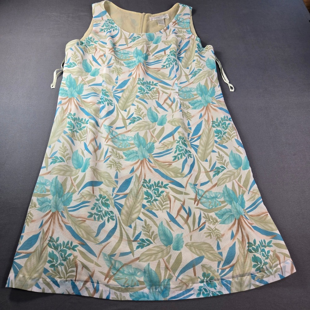 Pineapple Moon Womens Tropical Floral Sleeveless Shift Dress XL Teal Green Cream